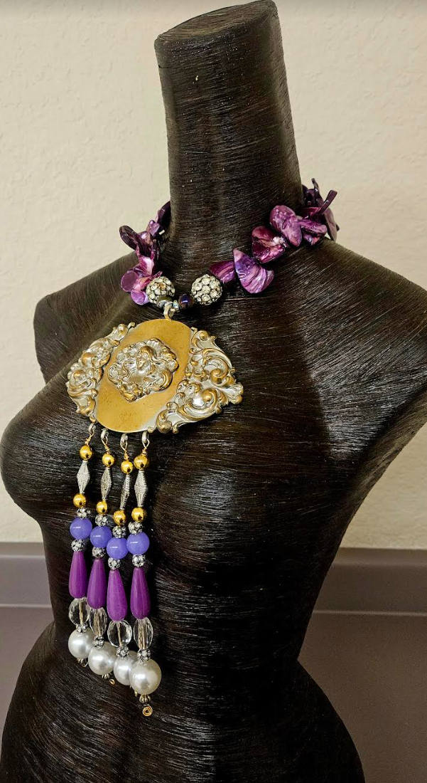 Upcycled Art Nouveau Goddess Brass Pendant with Beaded Dangles - Purple Abalone Shell & Rhinestone Ball Necklace -  OOAK Wearable Art - Kat Kouture Jewelry