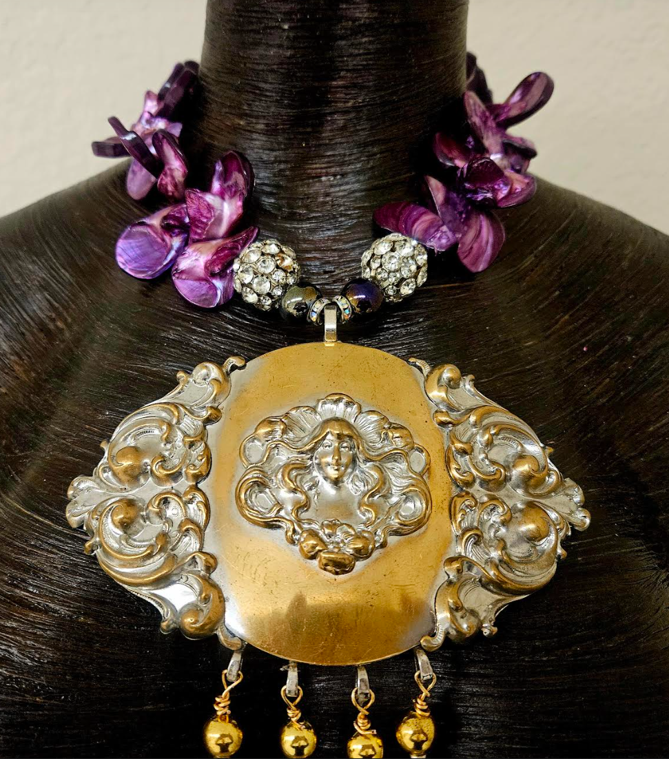 Upcycled Art Nouveau Goddess Brass Pendant with Beaded Dangles - Purple Abalone Shell & Rhinestone Ball Necklace -  OOAK Wearable Art - Kat Kouture Jewelry