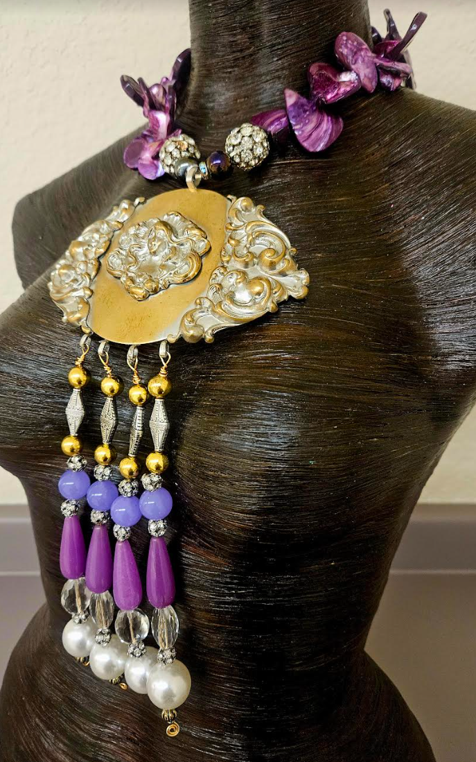 Upcycled Art Nouveau Goddess Brass Pendant with Beaded Dangles - Purple Abalone Shell & Rhinestone Ball Necklace -  OOAK Wearable Art - Kat Kouture Jewelry