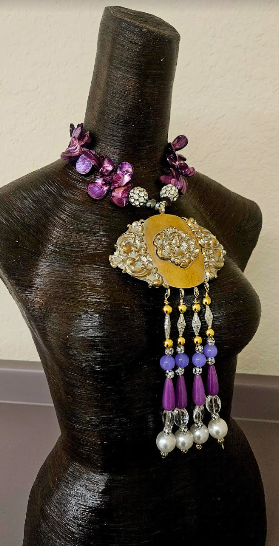 Upcycled Art Nouveau Goddess Brass Pendant with Beaded Dangles - Purple Abalone Shell & Rhinestone Ball Necklace -  OOAK Wearable Art - Kat Kouture Jewelry