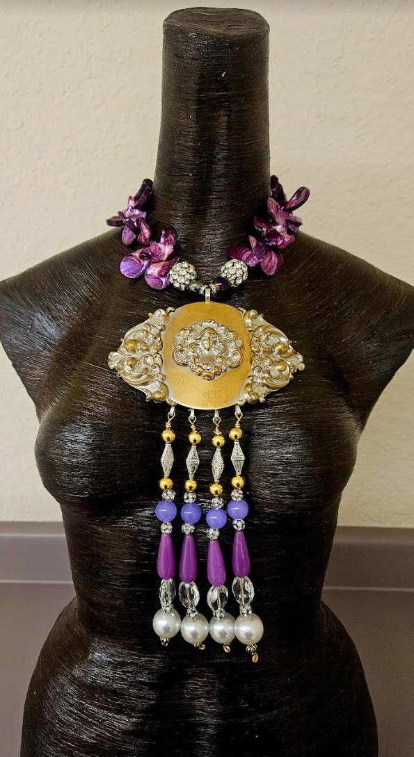 Upcycled Art Nouveau Goddess Brass Pendant with Beaded Dangles - Purple Abalone Shell & Rhinestone Ball Necklace -  OOAK Wearable Art - Kat Kouture Jewelry