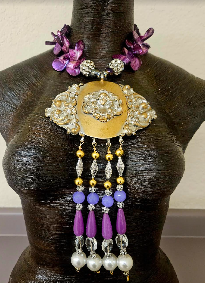 Upcycled Art Nouveau Goddess Brass Pendant with Beaded Dangles - Purple Abalone Shell & Rhinestone Ball Necklace -  OOAK Wearable Art - Kat Kouture Jewelry