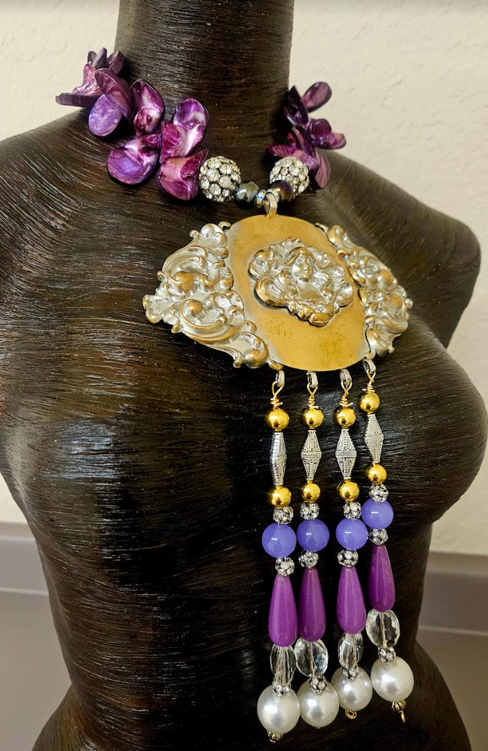 Upcycled Art Nouveau Goddess Brass Pendant with Beaded Dangles - Purple Abalone Shell & Rhinestone Ball Necklace -  OOAK Wearable Art - Kat Kouture Jewelry