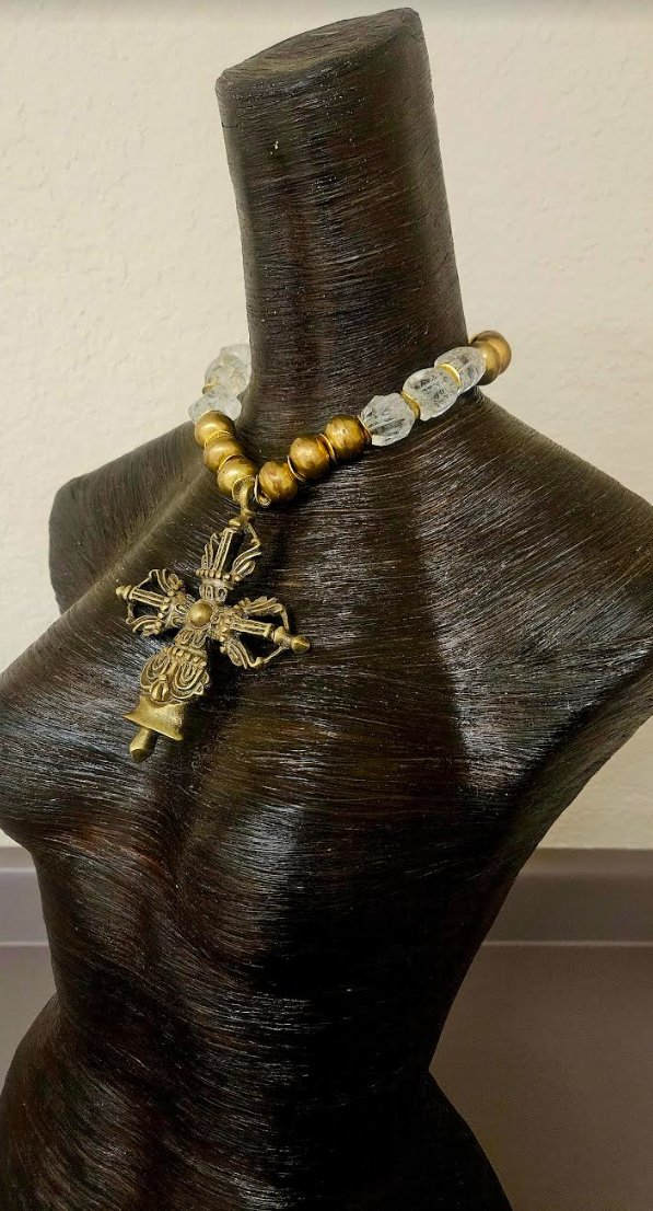 Dorje Vajre Tibetan Cross Pendant With Brass & Crystal Necklace - Buddhism Inspired Religious Symbol Choker - Ethnic Neck Candy - Kat Kouture Jewelry