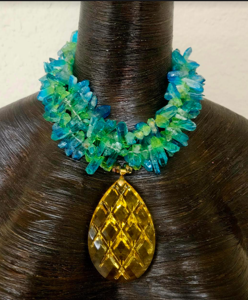 Blue Green Branch Quartz Necklace with Lemon Yellow Crystal Pendant - Crystal Necklace Pendant for Petite Women - Tropical Chest Piece for Summer - Kat Kouture Jewelry