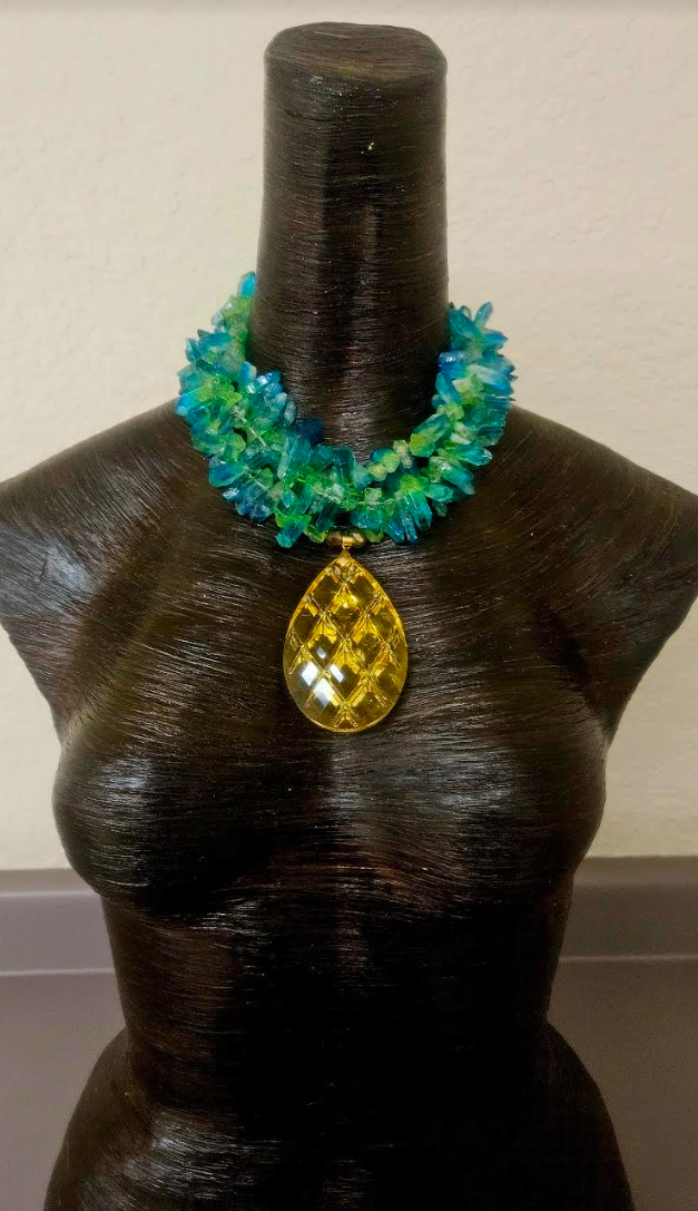 Blue Green Branch Quartz Necklace with Lemon Yellow Crystal Pendant - Crystal Necklace Pendant for Petite Women - Tropical Chest Piece for Summer - Kat Kouture Jewelry