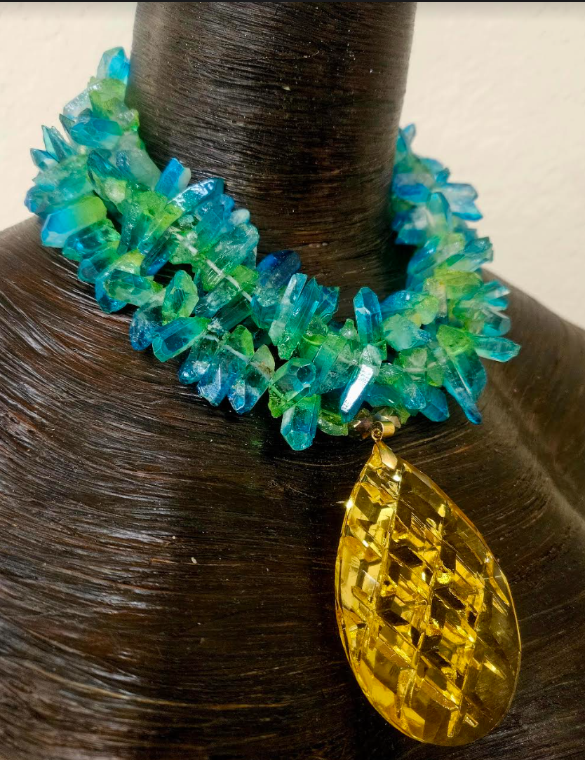 Blue Green Branch Quartz Necklace with Lemon Yellow Crystal Pendant - Crystal Necklace Pendant for Petite Women - Tropical Chest Piece for Summer - Kat Kouture Jewelry