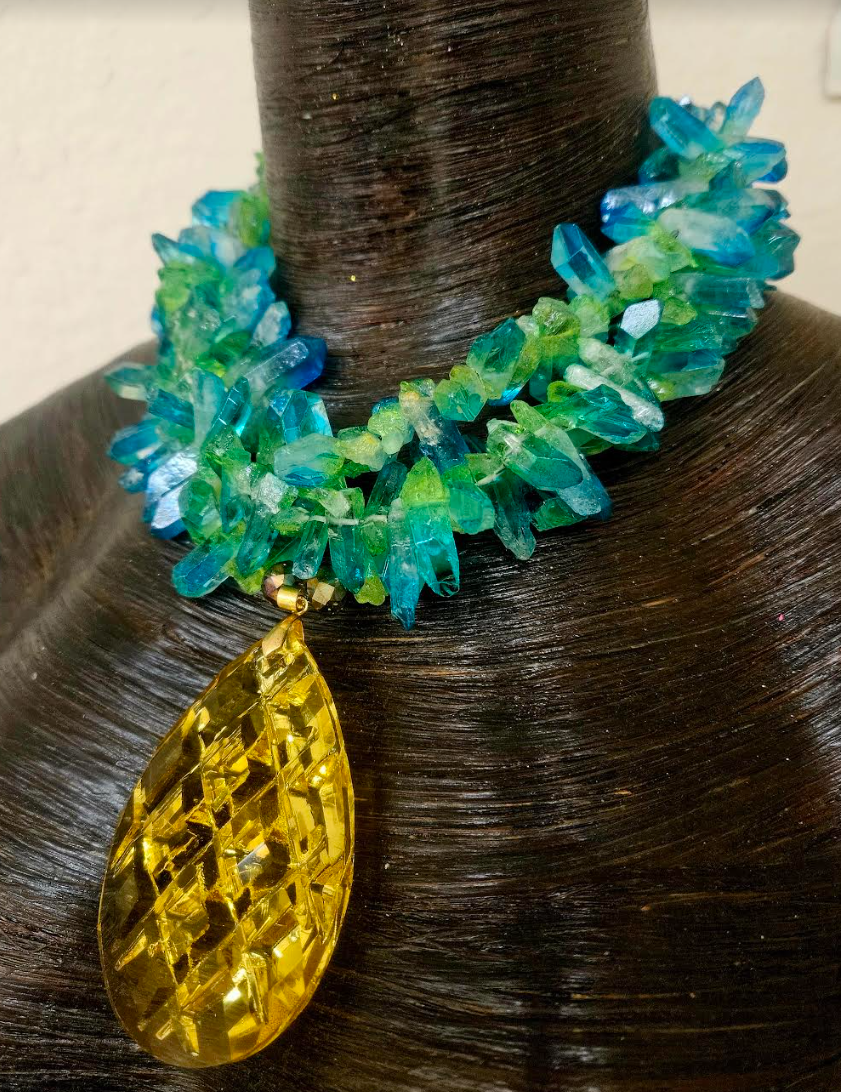 Blue Green Branch Quartz Necklace with Lemon Yellow Crystal Pendant - Crystal Necklace Pendant for Petite Women - Tropical Chest Piece for Summer - Kat Kouture Jewelry