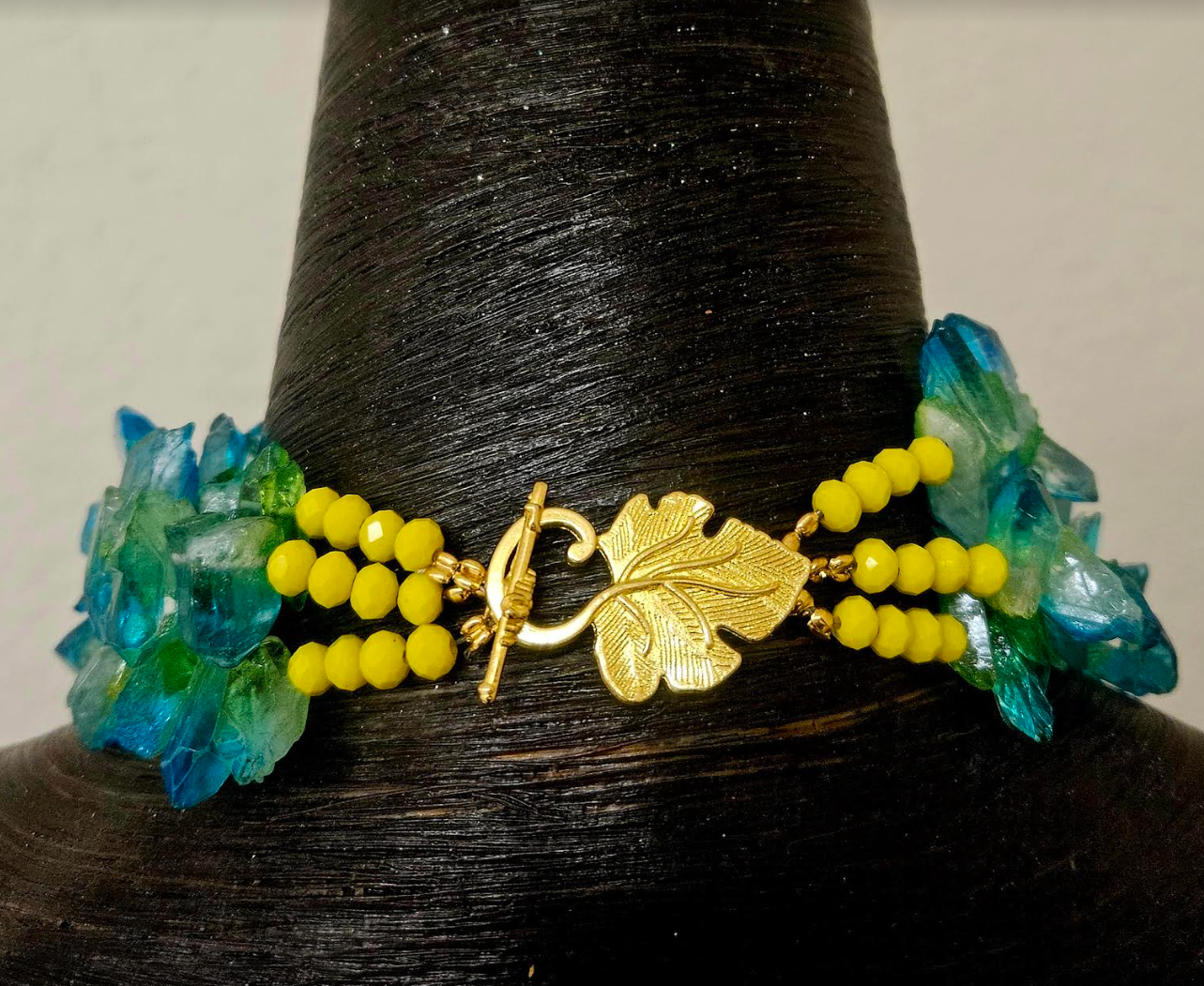 Blue Green Branch Quartz Necklace with Lemon Yellow Crystal Pendant - Crystal Necklace Pendant for Petite Women - Tropical Chest Piece for Summer - Kat Kouture Jewelry