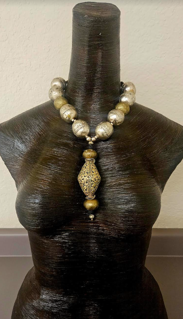 Oversized Ethiopian Silver & Yoruba Brass Tribal Beaded Necklace - Huge Tibetan Brass Repousse Ethnic Statement Pendant - Kat Kouture Jewelry Designs - Asian African Inspired Accessories