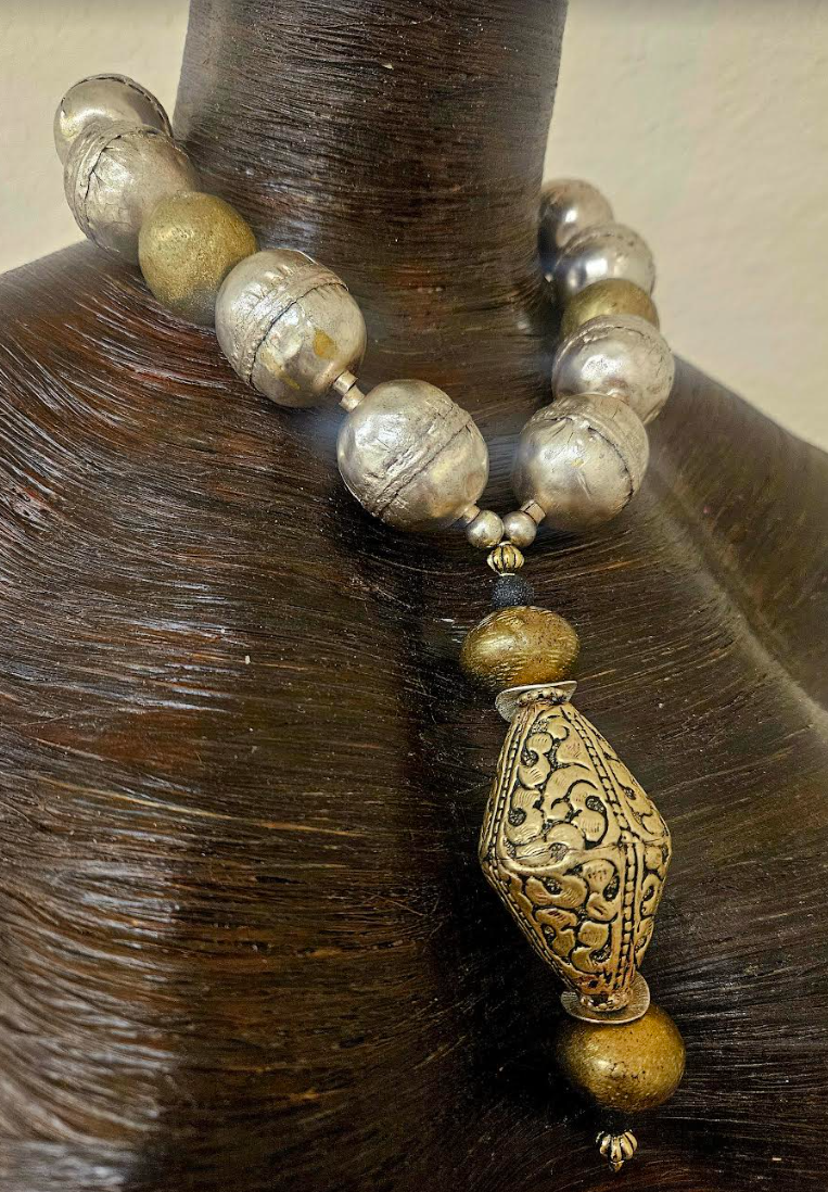 Oversized Ethiopian Silver & Yoruba Brass Tribal Beaded Necklace - Huge Tibetan Brass Repousse Ethnic Statement Pendant - Kat Kouture Jewelry Designs - Asian African Inspired Accessories