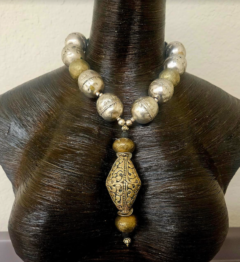 Oversized Ethiopian Silver & Yoruba Brass Tribal Beaded Necklace - Huge Tibetan Brass Repousse Ethnic Statement Pendant - Kat Kouture Jewelry Designs - Asian African Inspired Accessories