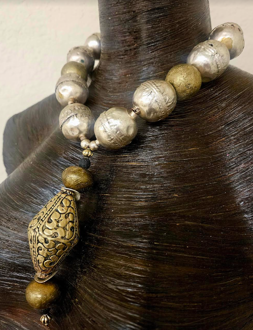 Oversized Ethiopian Silver & Yoruba Brass Tribal Beaded Necklace - Huge Tibetan Brass Repousse Ethnic Statement Pendant - Kat Kouture Jewelry Designs - Asian African Inspired Accessories