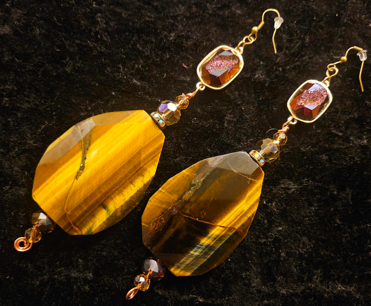 Tiger's Eye Crystal & Titanium Druzy Shoulder Duster Pierced Earrings - Earth Tone Gemstone Waterfall Dangle Wire Earrings - Kat Kouture Jewelry