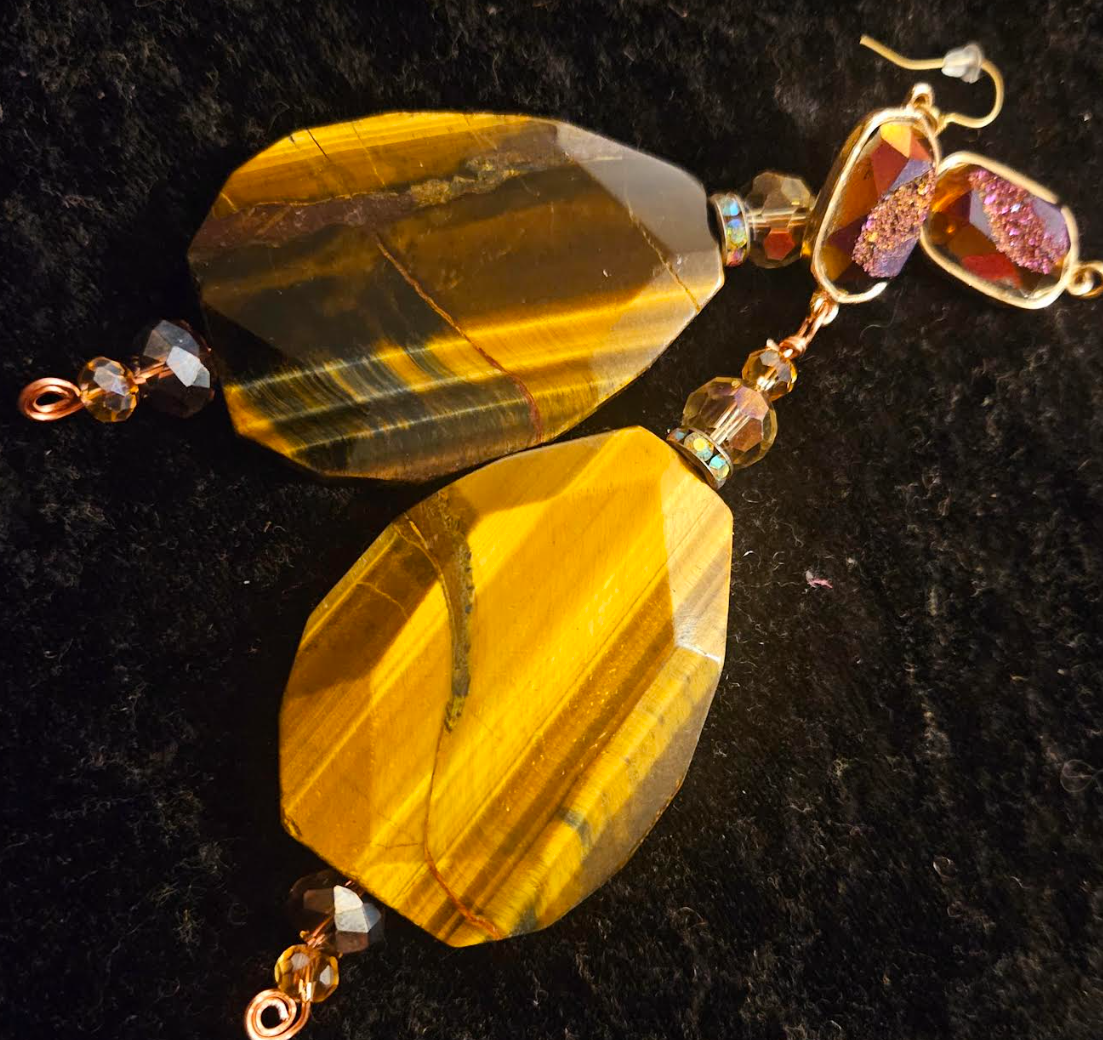 Tiger's Eye Crystal & Titanium Druzy Shoulder Duster Pierced Earrings - Earth Tone Gemstone Waterfall Dangle Wire Earrings - Kat Kouture Jewelry