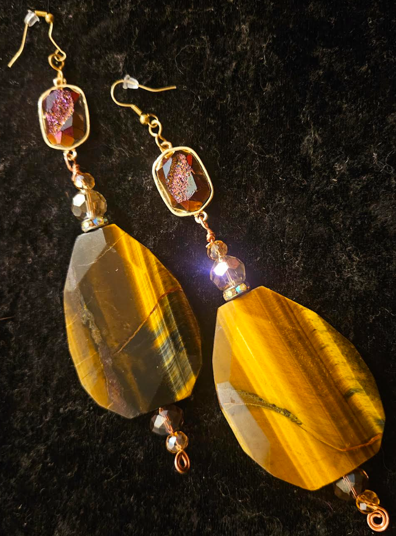 Tiger's Eye Crystal & Titanium Druzy Shoulder Duster Pierced Earrings - Earth Tone Gemstone Waterfall Dangle Wire Earrings - Kat Kouture Jewelry