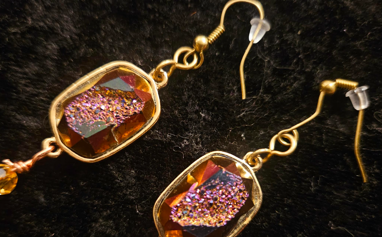 Tiger's Eye Crystal & Titanium Druzy Shoulder Duster Pierced Earrings - Earth Tone Gemstone Waterfall Dangle Wire Earrings - Kat Kouture Jewelry