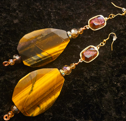 Tiger's Eye Crystal & Titanium Druzy Shoulder Duster Pierced Earrings - Earth Tone Gemstone Waterfall Dangle Wire Earrings - Kat Kouture Jewelry