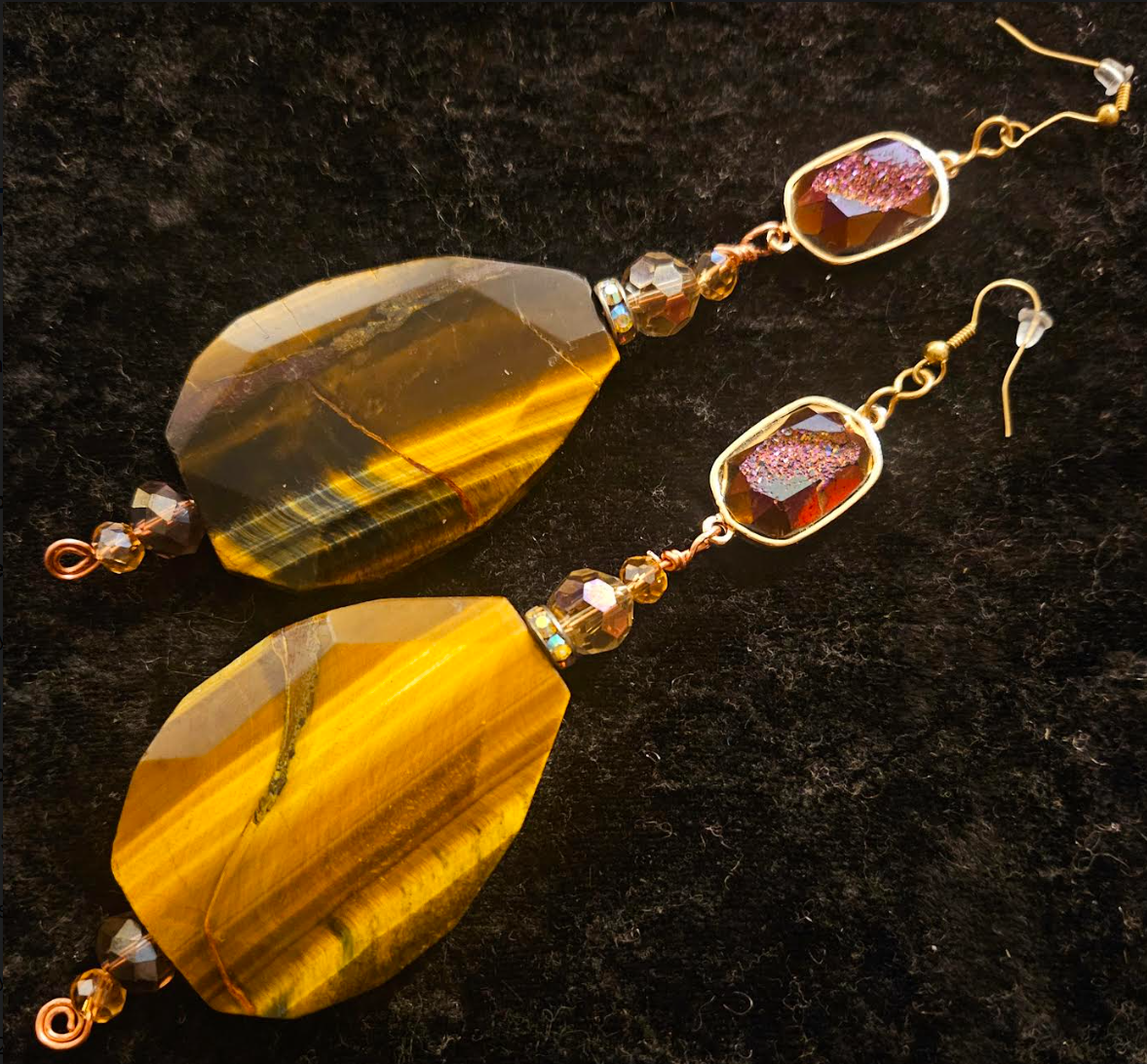 Tiger's Eye Crystal & Titanium Druzy Shoulder Duster Pierced Earrings - Earth Tone Gemstone Waterfall Dangle Wire Earrings - Kat Kouture Jewelry