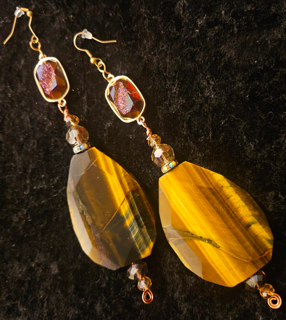 Tiger's Eye Crystal & Titanium Druzy Shoulder Duster Pierced Earrings - Earth Tone Gemstone Waterfall Dangle Wire Earrings - Kat Kouture Jewelry