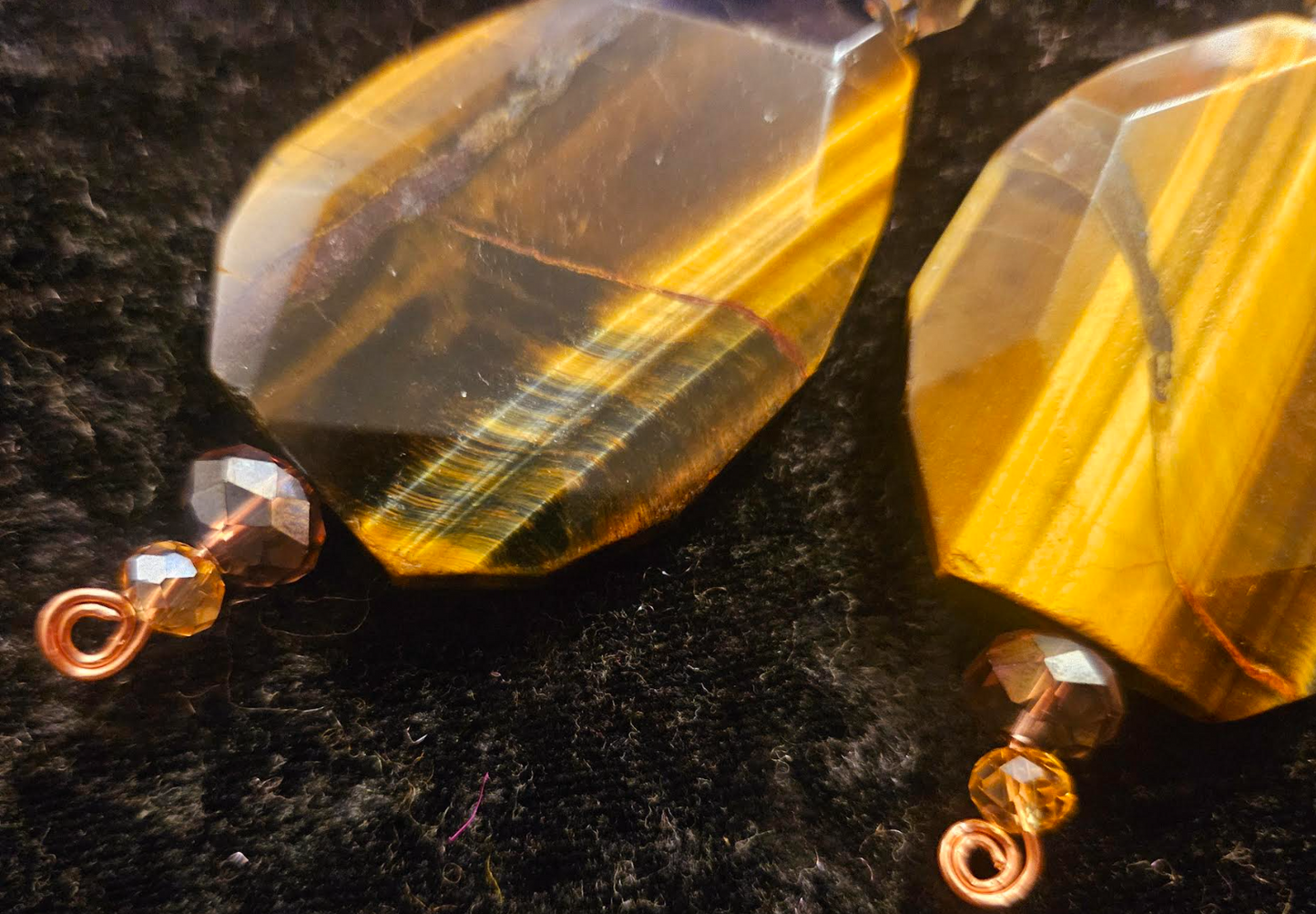 Tiger's Eye Crystal & Titanium Druzy Shoulder Duster Pierced Earrings - Earth Tone Gemstone Waterfall Dangle Wire Earrings - Kat Kouture Jewelry