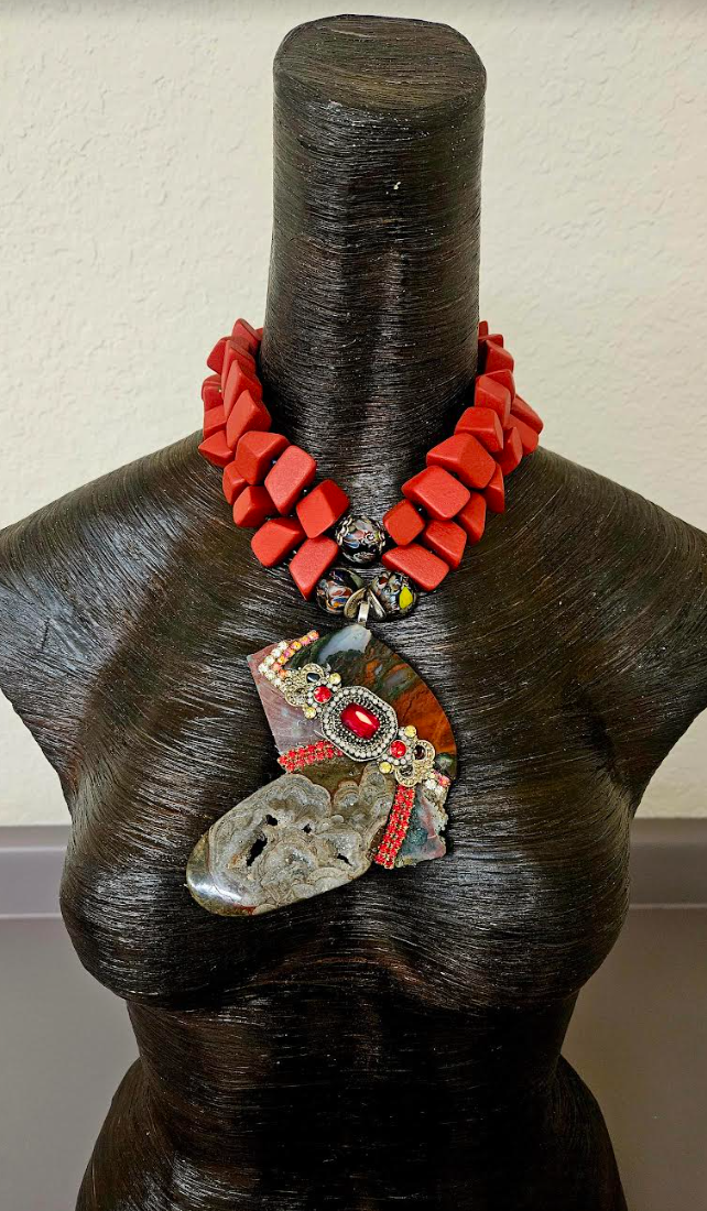 Art Deco Jasper Agate & Rhinestone Artisan Statement Pendant - Bold Chunky Lightweight Red Wood Beaded Necklace - Kat Kouture Jewelry