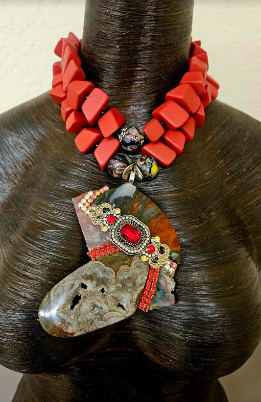 Art Deco Jasper Agate & Rhinestone Artisan Statement Pendant - Bold Chunky Lightweight Red Wood Beaded Necklace - Kat Kouture Jewelry