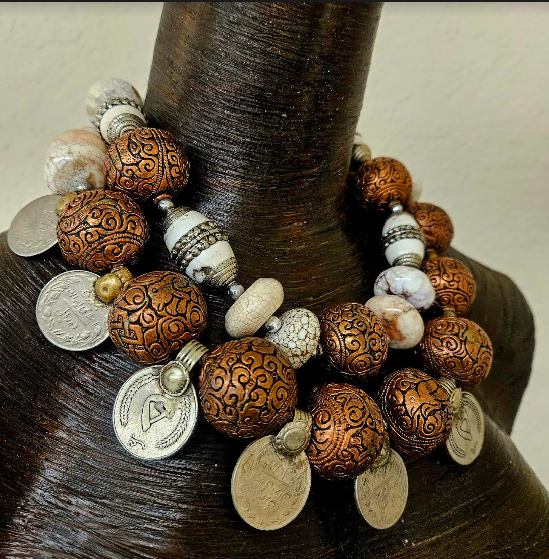 Exotic Luxury Beaded Tribal Statement Necklace with Kuchi Coins - Ethnic Couture Tibetan Inspired Summer Neck Candy - Black Queen Accessories - Kat Kouture Jewelry