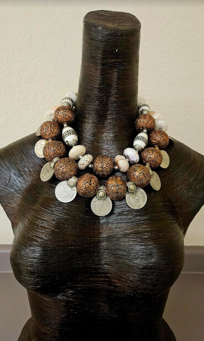 Exotic Luxury Beaded Tribal Statement Necklace with Kuchi Coins - Ethnic Couture Tibetan Inspired Summer Neck Candy - Black Queen Accessories - Kat Kouture Jewelry