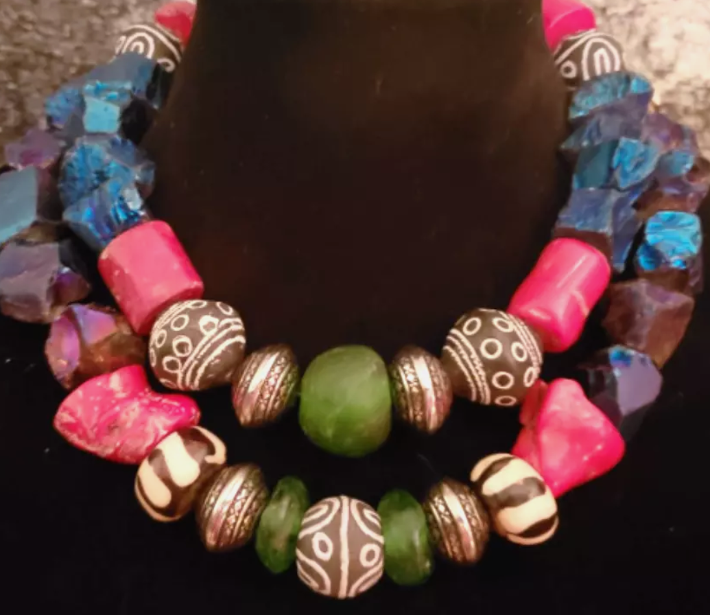 Mixed Media Bold Chunky & Colorful Ethnic Statement Necklace - Red Blue Green Exotic Beaded Multi Strand Choker - Kat Kouture Jewelry