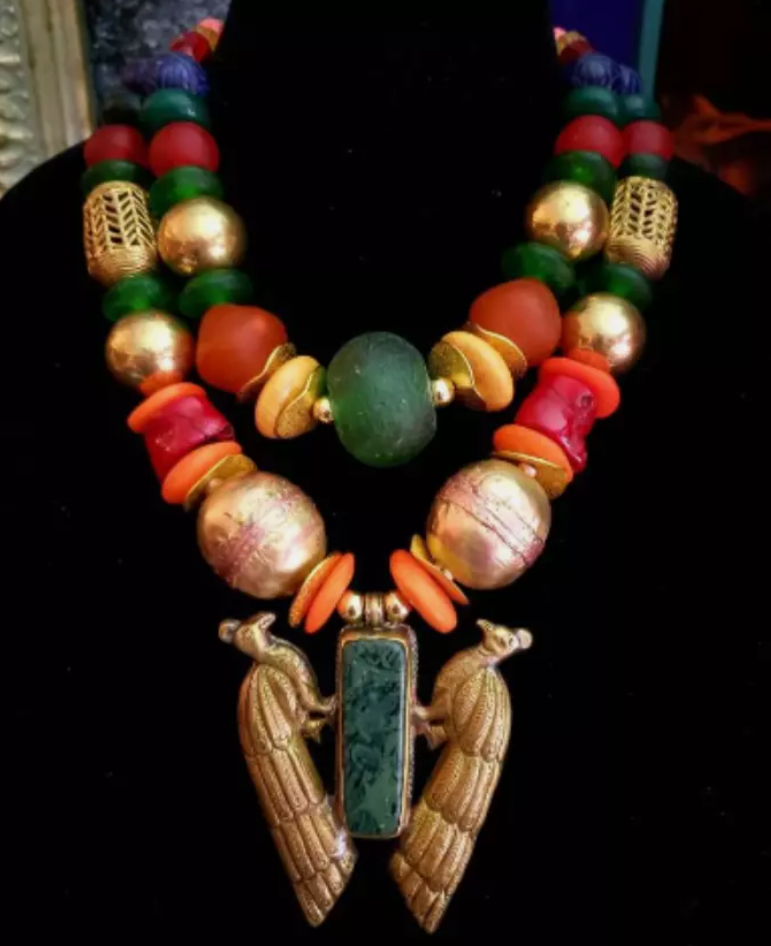 African Beaded Statement Necklace with Double Peacock Repousse Pendant