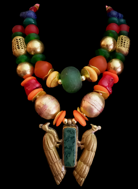 African Beaded Statement Luxury Necklace - Double Peacock Repousse