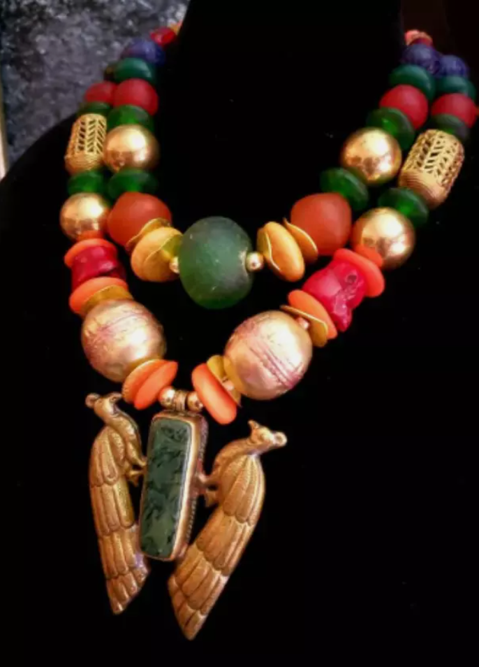 African Beaded Statement Necklace with Double Peacock Repousse Pendant