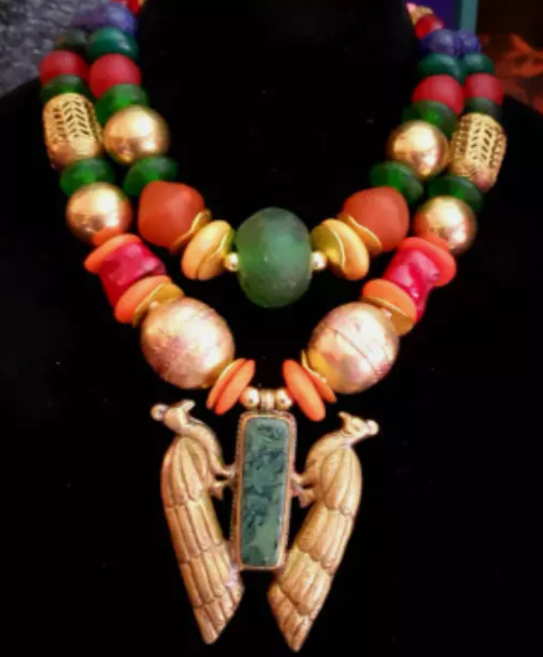 African Beaded Statement Necklace with Double Peacock Repousse Pendant