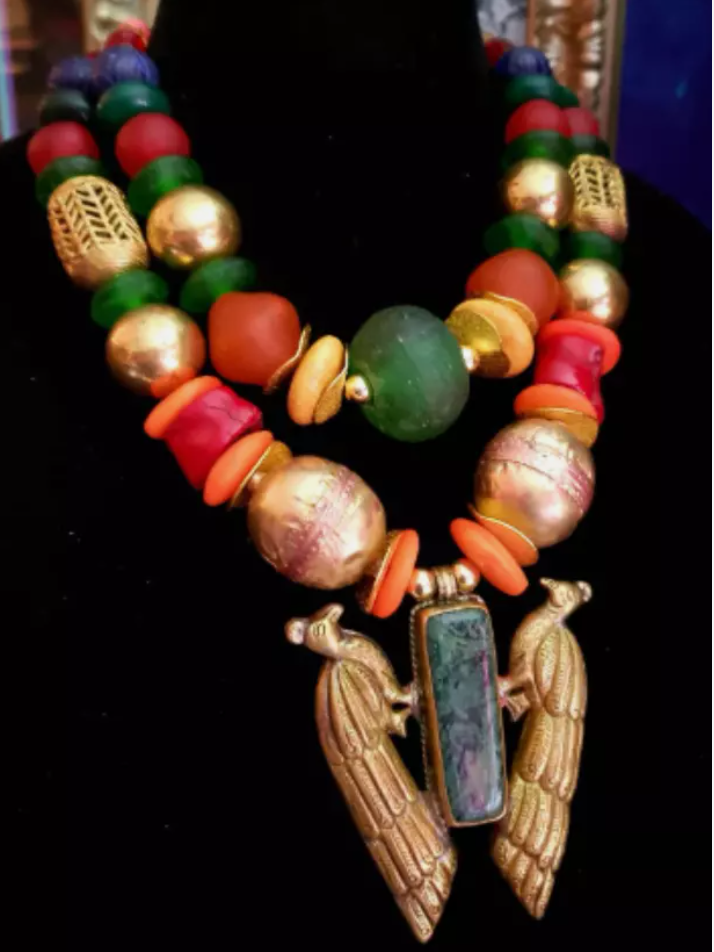 African Beaded Statement Necklace with Double Peacock Repousse Pendant