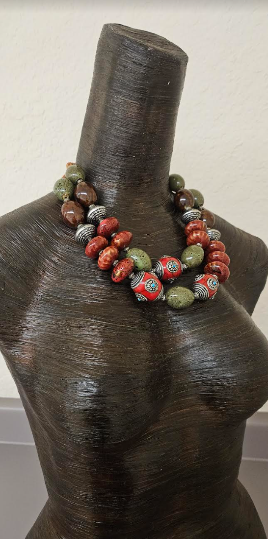 Burgundy & Olivine Porcelain Beaded Necklace and Bracelet Set - Bold and Chunky Beaded Jewelry for Fall - Kat Kouture Jewelry Designs - Business Professional Venue Accessory