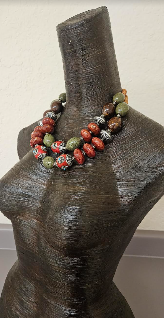 Burgundy & Olivine Porcelain Beaded Necklace and Bracelet Set - Bold and Chunky Beaded Jewelry for Fall - Kat Kouture Jewelry Designs - Business Professional Venue Accessory