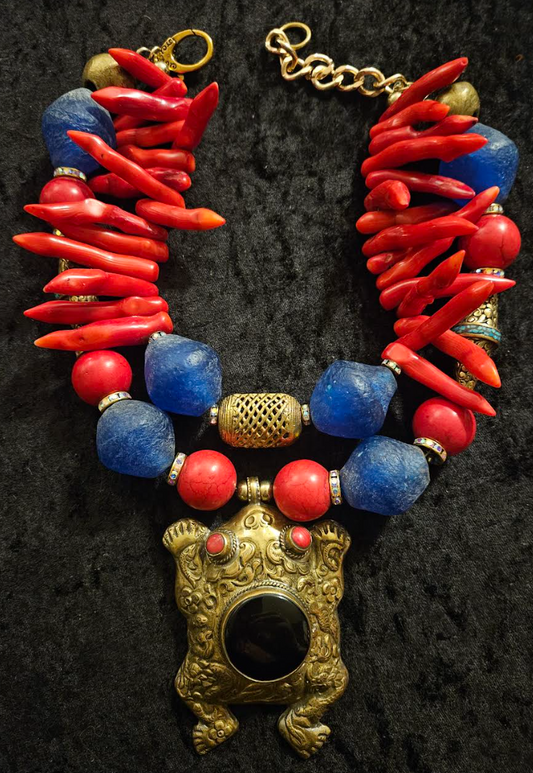 Tibetan Repousse Frog Pendant on Exotic Red Branch Coral & Blue Glass Necklace - OOAK Wearable Art from Kat Kouture Jewelry - Red Blue and Gold Haute Couture Neck Candy