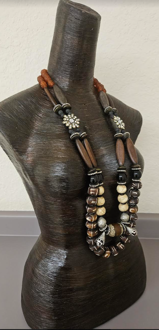 Earth Tone Brown Black and Beige Beaded Chest Piece for Unisex - Conch Bone Gemstone Wood & Glass African Statement Necklace - Kat Kouture Jewelry