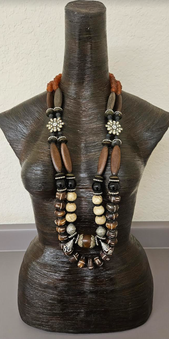 Earth Tone Brown Black and Beige Beaded Chest Piece for Unisex - Conch Bone Gemstone Wood & Glass African Statement Necklace - Kat Kouture Jewelry