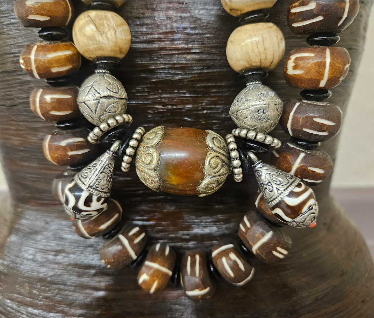 Earth Tone Brown Black and Beige Beaded Chest Piece for Unisex - Conch Bone Gemstone Wood & Glass African Statement Necklace - Kat Kouture Jewelry