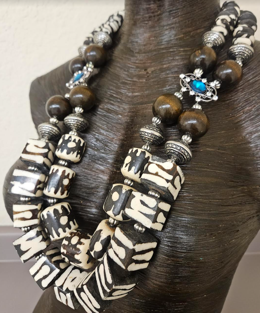 Exotic and Wild Zebu Batik Bone & Wood Beaded Chest Piece - African Brown and White Animal Print Statement Necklace - High End Luxury Tribal Bib - Kat Kouture Jewelry