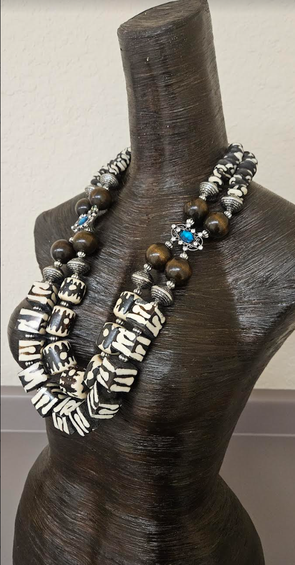 Exotic and Wild Zebu Batik Bone & Wood Beaded Chest Piece - African Brown and White Animal Print Statement Necklace - High End Luxury Tribal Bib - Kat Kouture Jewelry