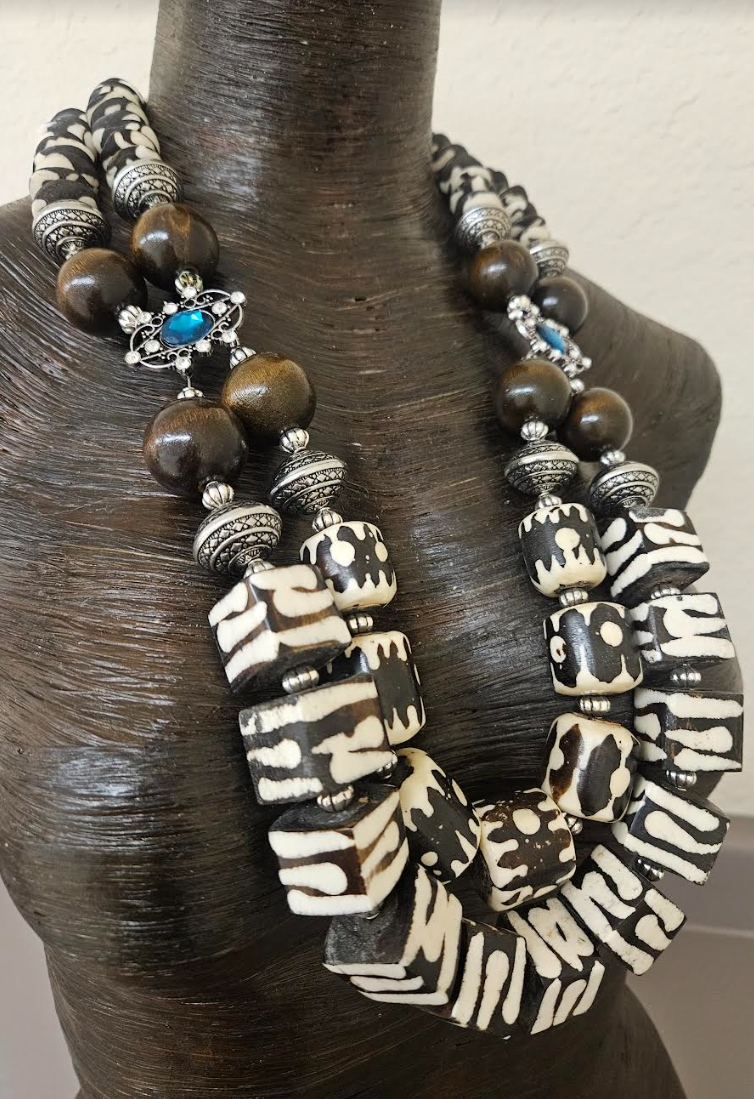 Exotic and Wild Zebu Batik Bone & Wood Beaded Chest Piece - African Brown and White Animal Print Statement Necklace - High End Luxury Tribal Bib - Kat Kouture Jewelry