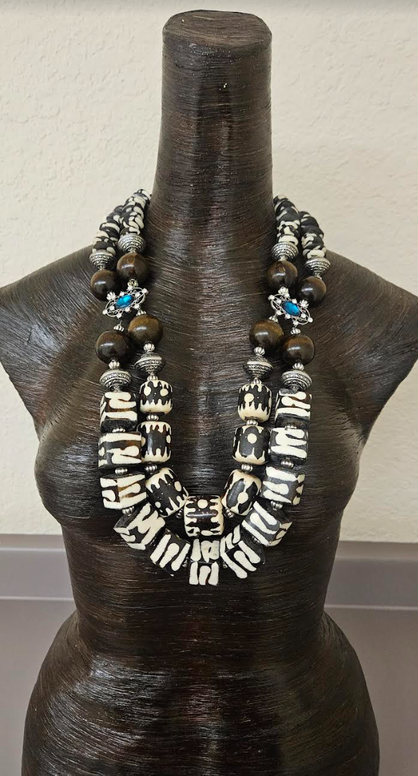 Exotic and Wild Zebu Batik Bone & Wood Beaded Chest Piece - African Brown and White Animal Print Statement Necklace - High End Luxury Tribal Bib - Kat Kouture Jewelry