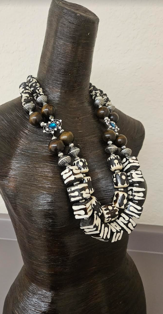 Exotic and Wild Zebu Batik Bone & Wood Beaded Chest Piece - African Brown and White Animal Print Statement Necklace - High End Luxury Tribal Bib - Kat Kouture Jewelry