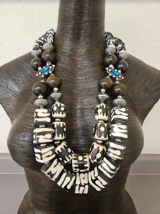 Exotic and Wild Zebu Batik Bone & Wood Beaded Chest Piece - African Brown and White Animal Print Statement Necklace - High End Luxury Tribal Bib - Kat Kouture Jewelry