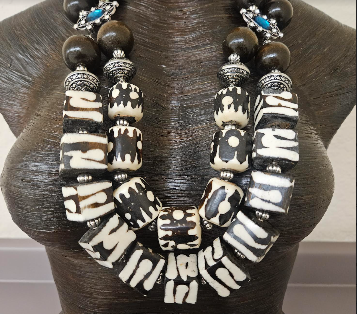 Exotic and Wild Zebu Batik Bone & Wood Beaded Chest Piece - African Brown and White Animal Print Statement Necklace - High End Luxury Tribal Bib - Kat Kouture Jewelry