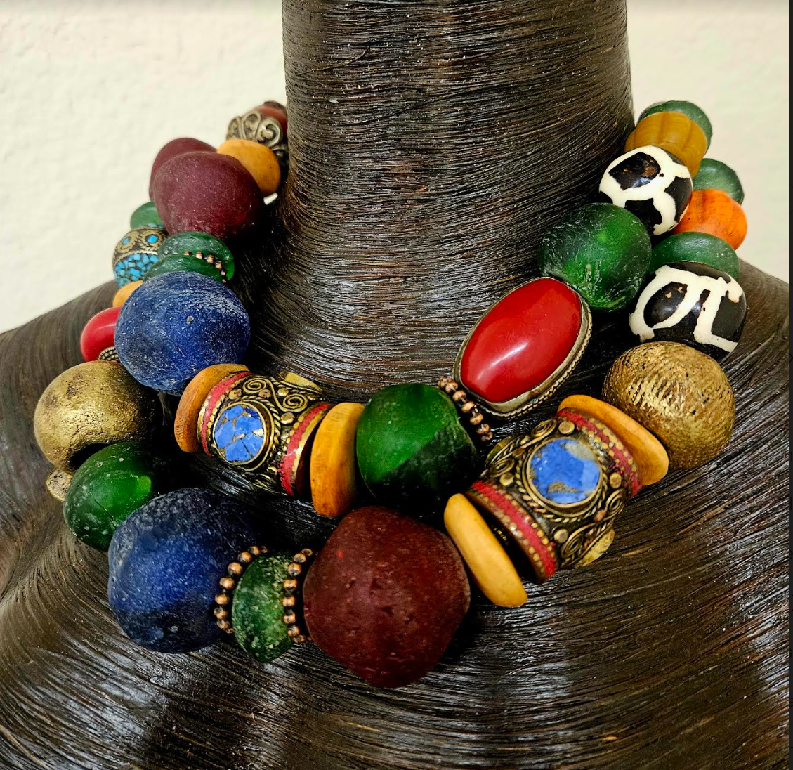 African Tibetan Bold Chunky Heavy Colorful Beaded Multi Strand Necklace - Wow Factor Tribal Beaded Neck Candy - Haute Couture Pop of Color Beaded Choker - Kat Kouture Jewelry