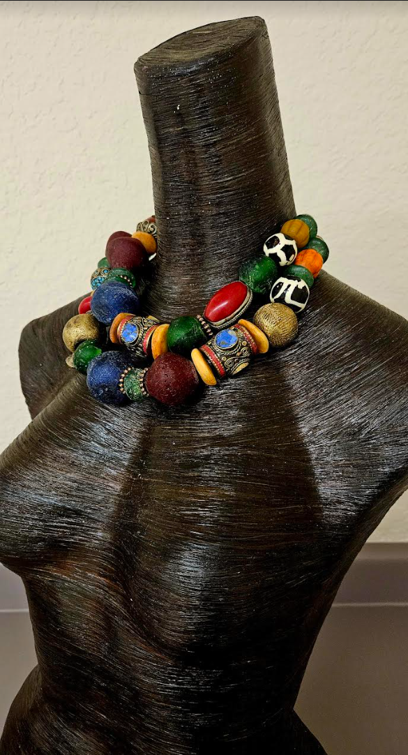 African Tibetan Bold Chunky Heavy Colorful Beaded Multi Strand Necklace - Wow Factor Tribal Beaded Neck Candy - Haute Couture Pop of Color Beaded Choker - Kat Kouture Jewelry